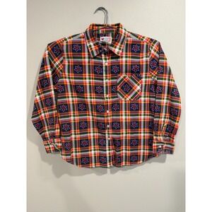 American Sweetheart Flannel Shirt‎ Women's XL Red Star Floral Plaid Button-Up